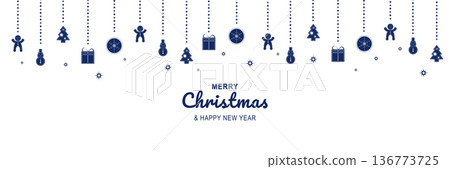 Merry Christmas and New Year 2022 poster. Xmas minimal banner with blue hanging gingerbreads, snowmans, trees, gifts, balls and text on white background. Vector illustration for greeting card design Merry Christmas and New Year 2022 poster. Xmas minimal banner with blue hanging gingerbreads, snowmans, trees, gifts, balls and text on white background. Vector illustration for greeting card design 136773725