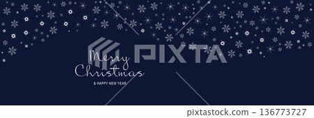 Merry Christmas and New Year 2022 poster. Xmas minimal banner with white snowflakes pattern border and text on blue background. Horizontal website header. Vector illustration for greeting card design Merry Christmas and New Year 2022 poster. Xmas minimal banner with white snowflakes pattern border and text on blue background. Horizontal website header. Vector illustration for greeting card design 136773727