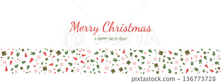 Merry Christmas and New Year 2022 poster. Xmas minimal banner with holiday symbols pattern border and text on white background. Horizontal website header. Vector illustration for greeting card design Merry Christmas and New Year 2022 poster. Xmas minimal banner with holiday symbols pattern border and text on white background. Horizontal website header. Vector illustration for greeting card design 136773728