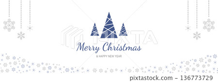 Merry Christmas and New Year 2022 poster. Xmas minimal banner with abstract trees, hanging snowflakes and text on white background. Horizontal web header. Vector illustration for greeting card design Merry Christmas and New Year 2022 poster. Xmas minimal banner with abstract trees, hanging snowflakes and text on white background. Horizontal web header. Vector illustration for greeting card design 136773729