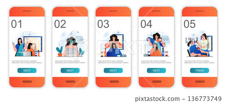 Beauty salon concept onboarding screens for mobile app templates. Cosmetology and hair procedures. Modern UI, UX, GUI screens user interface kit with people scenes for web design. Vector illustration Beauty salon concept onboarding screens for mobile app templates. Cosmetology and hair procedures. Modern UI, UX, GUI screens user interface kit with people scenes for web design. Vector illustration 136773749