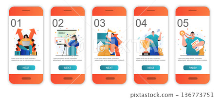 Business award concept onboarding screens for mobile app templates. Success and achieving goals. Modern UI, UX, GUI screens user interface kit with people scenes for web design. Vector illustration Business award concept onboarding screens for mobile app templates. Success and achieving goals. Modern UI, UX, GUI screens user interface kit with people scenes for web design. Vector illustration 136773751