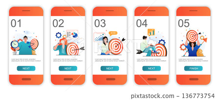 Business target concept onboarding screens for mobile app templates. Targeting, marketing success. Modern UI, UX, GUI screens user interface kit with people scenes for web design. Vector illustration 136773754