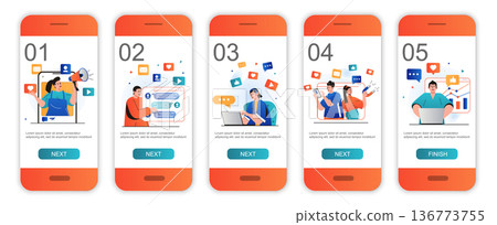 Social media marketing concept onboarding screens for mobile app templates. Online promotion. Modern UI, UX, GUI screens user interface kit with people scenes for web design. Vector illustration 136773755