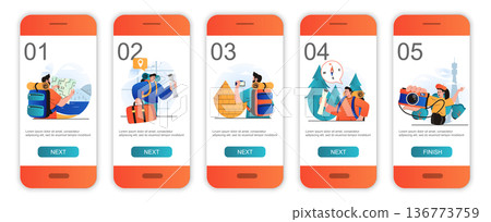 Traveling concept onboarding screens for mobile app templates. Tourists going worldwide trip. Modern UI, UX, GUI screens user interface kit with people scenes for web design. Vector illustration Traveling concept onboarding screens for mobile app templates. Tourists going worldwide trip. Modern UI, UX, GUI screens user interface kit with people scenes for web design. Vector illustration 136773759