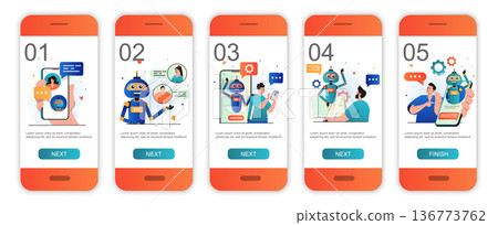 Virtual assistant concept onboarding screens for mobile app templates. Tech support and chatbots. Modern UI, UX, GUI screens user interface kit with people scenes for web design. Vector illustration Virtual assistant concept onboarding screens for mobile app templates. Tech support and chatbots. Modern UI, UX, GUI screens user interface kit with people scenes for web design. Vector illustration 136773762