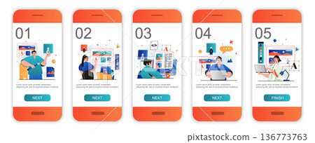 Web design concept onboarding screens for mobile app templates. Developers create page layout. Modern UI, UX, GUI screens user interface kit with people scenes for web design. Vector illustration Web design concept onboarding screens for mobile app templates. Developers create page layout. Modern UI, UX, GUI screens user interface kit with people scenes for web design. Vector illustration 136773763