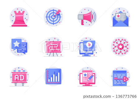 Marketing concept web flat color icons with shadow set. Pack pictograms of strategy, target, ad campaign, email newsletter and other. Vector illustration of symbols for website mobile app design Marketing concept web flat color icons with shadow set. Pack pictograms of strategy, target, ad campaign, email newsletter and other. Vector illustration of symbols for website mobile app design 136773766