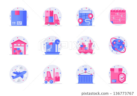 Shipping concept web flat color icons with shadow set. Pack pictograms of parcel, delivery, tracking, warehouse, plane, truck and other. Vector illustration of symbols for website mobile app design Shipping concept web flat color icons with shadow set. Pack pictograms of parcel, delivery, tracking, warehouse, plane, truck and other. Vector illustration of symbols for website mobile app design 136773767
