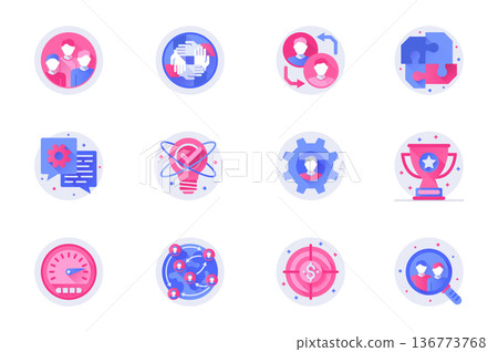 Teamwork concept web flat color icons with shadow set. Pack pictograms of business team, company, cooperation, leadership, work and other. Vector illustration of symbols for website mobile app design Teamwork concept web flat color icons with shadow set. Pack pictograms of business team, company, cooperation, leadership, work and other. Vector illustration of symbols for website mobile app design 136773768