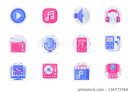 Music and radio station concept web flat color icons with shadow set. Pack pictograms of volume, microphone, earphones, play and other. Vector illustration of symbols for website mobile app design Music and radio station concept web flat color icons with shadow set. Pack pictograms of volume, microphone, earphones, play and other. Vector illustration of symbols for website mobile app design 136773769