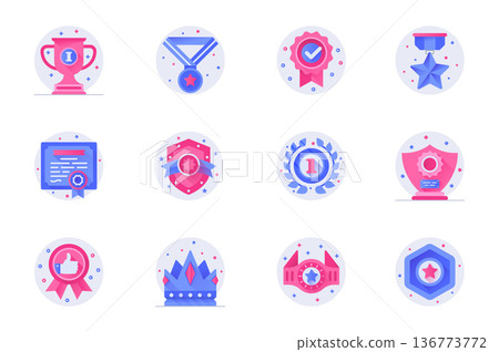 Award concept web flat color icons with shadow set. Pack pictograms of cup, winning medal, star, certificate, crown, victory and other. Vector illustration of symbols for website mobile app design Award concept web flat color icons with shadow set. Pack pictograms of cup, winning medal, star, certificate, crown, victory and other. Vector illustration of symbols for website mobile app design 136773772