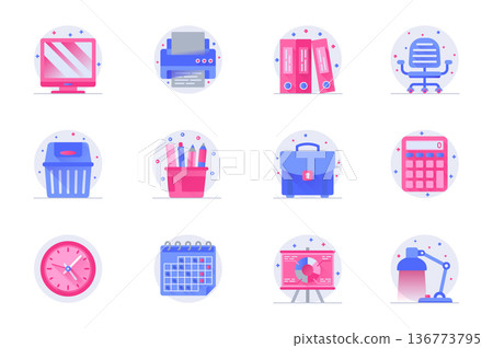 Office supplies concept web flat color icons with shadow set. Pack pictograms of computer, printer, folder, chair, briefcase and other. Vector illustration of symbols for website mobile app design 136773795