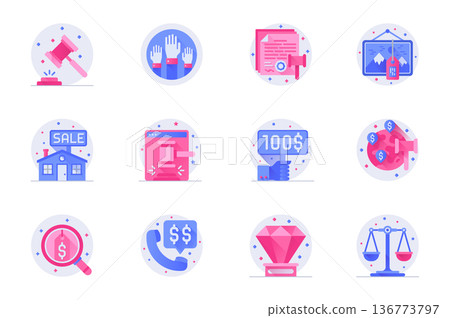 Auction concept web flat color icons with shadow set. Pack pictograms of hammer, hands, artwork, painting, price, bid, search and other. Vector illustration of symbols for website mobile app design 136773797