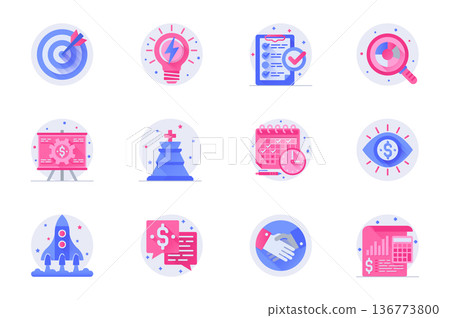 Business planning concept web flat color icons with shadow set. Pack pictograms of target, brainstorming, task, search, profit and other. Vector illustration of symbols for website mobile app design Business planning concept web flat color icons with shadow set. Pack pictograms of target, brainstorming, task, search, profit and other. Vector illustration of symbols for website mobile app design 136773800