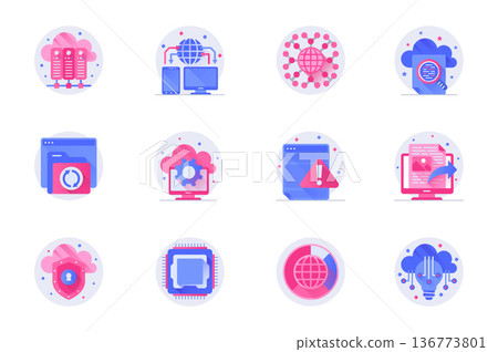 Cloud technology concept web flat color icons with shadow set. Pack pictograms of server racks, storage, processing, protection and other. Vector illustration of symbols for website mobile app design Cloud technology concept web flat color icons with shadow set. Pack pictograms of server racks, storage, processing, protection and other. Vector illustration of symbols for website mobile app design 136773801