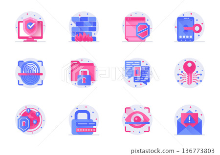 Cyber security concept web flat color icons with shadow set. Pack pictograms of protection, access, key, fingerprint scanning and other. Vector illustration of symbols for website mobile app design Cyber security concept web flat color icons with shadow set. Pack pictograms of protection, access, key, fingerprint scanning and other. Vector illustration of symbols for website mobile app design 136773803