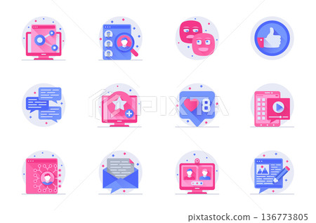 Social media concept web flat color icons with shadow set. Pack pictograms of internet communication, link, profile, like, chat and other. Vector illustration of symbols for website mobile app design 136773805