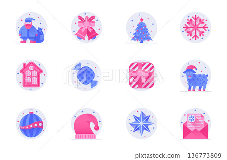 Christmas concept web flat color icons with shadow set. Pack pictograms of Santa Claus, bell, tree, snowflake, candy, gift, ball and other. Vector illustration of symbols for website mobile app design Christmas concept web flat color icons with shadow set. Pack pictograms of Santa Claus, bell, tree, snowflake, candy, gift, ball and other. Vector illustration of symbols for website mobile app design 136773809