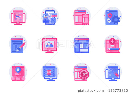 Design and development concept web flat color icons with shadow set. Pack pictograms of page optimization, layout, settings, image and other. Vector illustration of symbols for website mobile app Design and development concept web flat color icons with shadow set. Pack pictograms of page optimization, layout, settings, image and other. Vector illustration of symbols for website mobile app 136773810