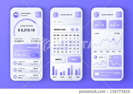 Finance services concept neumorphic templates set. Online banking, income statistics, planning and investments. UI, UX, GUI screens for responsive mobile app. Vector design kit in neumorphism style Finance services concept neumorphic templates set. Online banking, income statistics, planning and investments. UI, UX, GUI screens for responsive mobile app. Vector design kit in neumorphism style 136773828