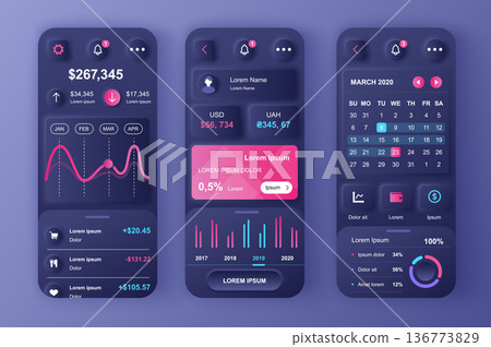 Finance services concept neumorphic templates set. Financial analytics, payments, management and monitoring. UI, UX, GUI screens for responsive mobile app. Vector design kit in neumorphism style 136773829