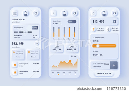 Finance services concept neumorphic templates set. Financial account in online banking, transaction monitoring. UI, UX, GUI screens for responsive mobile app. Vector design kit in neumorphism style 136773830
