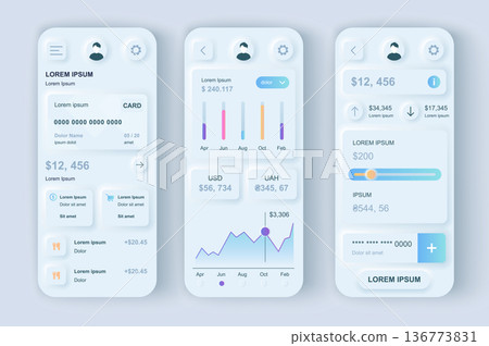 Finance services concept neumorphic templates set. Financial account management and statistics visualization. UI, UX, GUI screens for responsive mobile app. Vector design kit in neumorphism style Finance services concept neumorphic templates set. Financial account management and statistics visualization. UI, UX, GUI screens for responsive mobile app. Vector design kit in neumorphism style 136773831