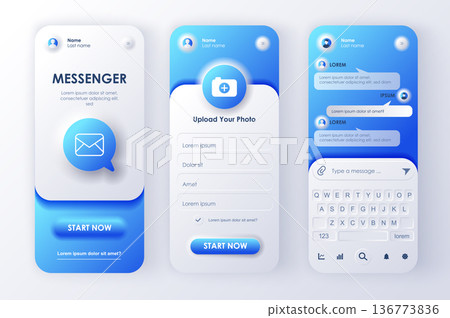 Online messenger concept neumorphic templates set. Login and registration form, chat, sending messages, keyboard. UI, UX, GUI screens for responsive mobile app. Vector design kit in neumorphism style 136773836