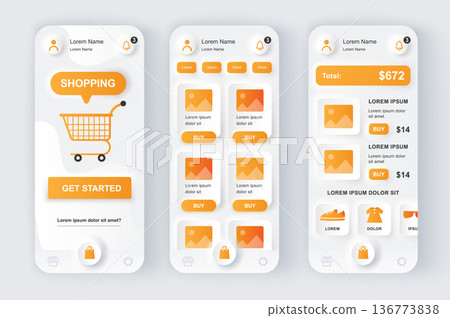 Online shopping concept neumorphic templates set. Shop web page, store assortment, purchase and order payment. UI, UX, GUI screens for responsive mobile app. Vector design kit in neumorphism style Online shopping concept neumorphic templates set. Shop web page, store assortment, purchase and order payment. UI, UX, GUI screens for responsive mobile app. Vector design kit in neumorphism style 136773838