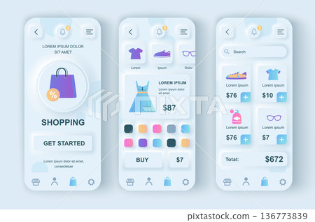 Online shopping concept neumorphic templates set. Clothes and shoes store web page, purchase of goods, payment. UI, UX, GUI screens for responsive mobile app. Vector design kit in neumorphism style 136773839