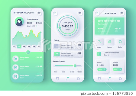 Online banking concept neumorphic templates set. Financial accounting, credit card, payment and bank services. UI, UX, GUI screens for responsive mobile app. Vector design kit in neumorphism style Online banking concept neumorphic templates set. Financial accounting, credit card, payment and bank services. UI, UX, GUI screens for responsive mobile app. Vector design kit in neumorphism style 136773850