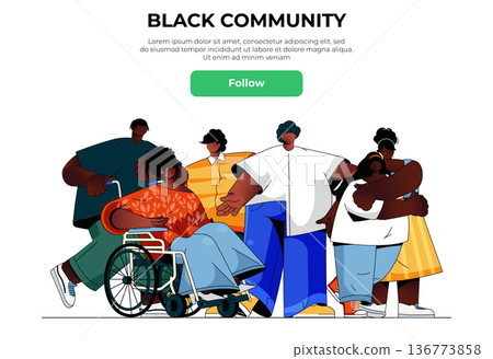Black community web banner concept. African men and women standing together, ethnicity group with person, diversity landing page template. Vector illustration with people scene in flat design Black community web banner concept. African men and women standing together, ethnicity group with person, diversity landing page template. Vector illustration with people scene in flat design 136773858
