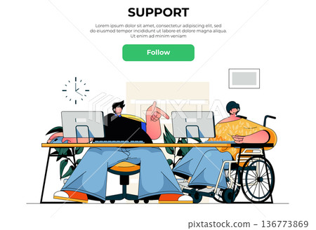 Support web banner concept. Operators answer calls and messages from customers, people character works in tech support, landing page template. Vector illustration with people scene in flat design Support web banner concept. Operators answer calls and messages from customers, people character works in tech support, landing page template. Vector illustration with people scene in flat design 136773869