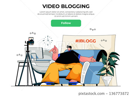 Video blogging web banner concept. Man blogger or vlogger recording video content, live streaming for followers from phone, landing page template. Vector illustration with people scene in flat design 136773872