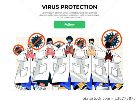 Virus protection web banner concept. Doctors in white coats and medical masks protect against disease, stop pandemic spread, landing page template. Vector illustration with people scene in flat design Virus protection web banner concept. Doctors in white coats and medical masks protect against disease, stop pandemic spread, landing page template. Vector illustration with people scene in flat design 136773873