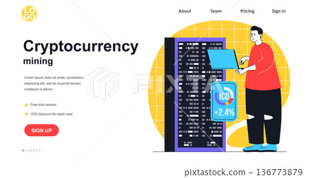 Cryptocurrency mining web banner concept. Man makes bitcoin crypto money using farm with server racks, blockchain technology landing page template. Vector illustration with people scene in flat design Cryptocurrency mining web banner concept. Man makes bitcoin crypto money using farm with server racks, blockchain technology landing page template. Vector illustration with people scene in flat design 136773879