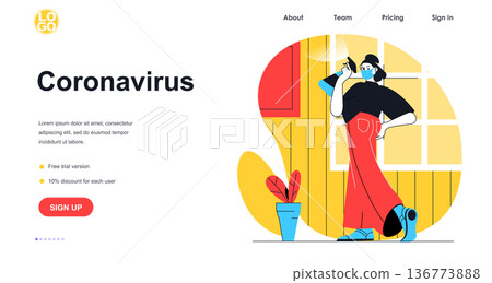 Coronavirus prevention web banner concept. Woman in medical mask disinfects surfaces in house. Prevention of virus spread, landing page template. Vector illustration with people scene in flat design Coronavirus prevention web banner concept. Woman in medical mask disinfects surfaces in house. Prevention of virus spread, landing page template. Vector illustration with people scene in flat design 136773888