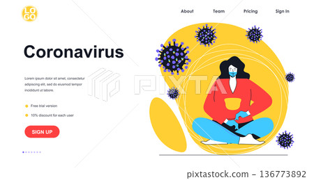 Coronavirus disease web banner concept. Woman in medical mask and gloves protects against viral infection, virus precautions landing page template. Vector illustration with people scene in flat design Coronavirus disease web banner concept. Woman in medical mask and gloves protects against viral infection, virus precautions landing page template. Vector illustration with people scene in flat design 136773892