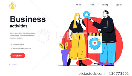 Business activities web banner concept. Man recommends service to woman, advertising campaign and promotion, partnership landing page template. Vector illustration with people scene in flat design Business activities web banner concept. Man recommends service to woman, advertising campaign and promotion, partnership landing page template. Vector illustration with people scene in flat design 136773901