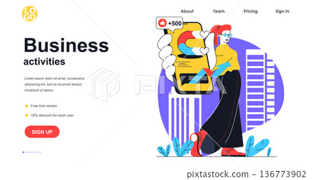 Business activities web banner concept. Woman promoting business in social networks through mobile app, online marketing, landing page template. Vector illustration with people scene in flat design Business activities web banner concept. Woman promoting business in social networks through mobile app, online marketing, landing page template. Vector illustration with people scene in flat design 136773902