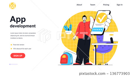 App development web banner concept. Developer programming smartphone mobile application, optimization interface, programmer landing page template. Vector illustration with people scene in flat design 136773903