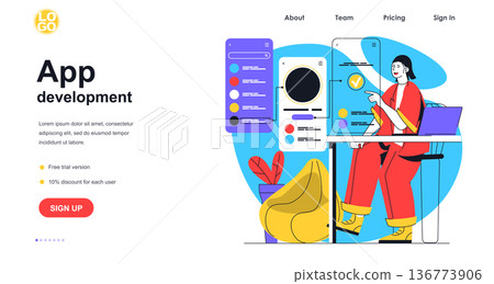 App development web banner concept. Woman programmer creates and optimizes interface mobile phone application, programming landing page template. Vector illustration with people scene in flat design App development web banner concept. Woman programmer creates and optimizes interface mobile phone application, programming landing page template. Vector illustration with people scene in flat design 136773906