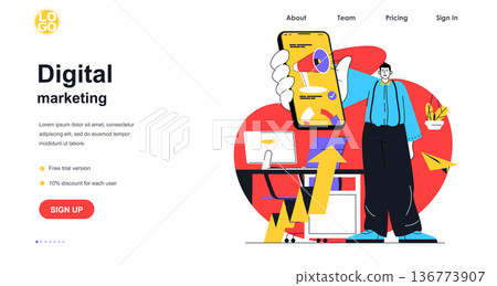 Digital marketing web banner concept. Man attracts clients on social media at mobile app, online promotion and e-commerce, landing page template. Vector illustration with people scene in flat design 136773907
