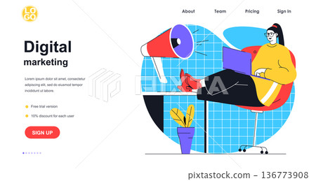 Digital marketing web banner concept. Woman works at laptop, attracts clients on megaphone, online promotion and e-commerce, landing page template. Vector illustration with people scene in flat design Digital marketing web banner concept. Woman works at laptop, attracts clients on megaphone, online promotion and e-commerce, landing page template. Vector illustration with people scene in flat design 136773908