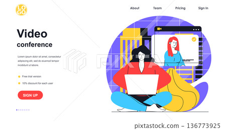 Video conference web banner concept. Woman makes video call using laptop. Online communication with friends and colleagues landing page template. Vector illustration with people scene in flat design 136773925