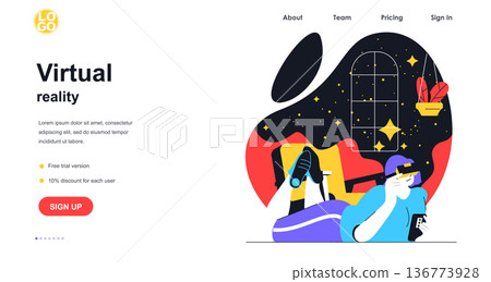 Virtual reality web banner concept. Woman with VR glasses explores space and stars in educational augmented simulation, landing page template. Vector illustration with people scene in flat design 136773928