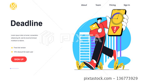 Deadline at office web banner concept. Man runs with phone in hand with counts down time. Stress at work and time management landing page template. Vector illustration with people scene in flat design 136773929
