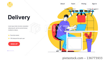 Delivery service web banner concept. Man orders home delivery, drone with box flying and carrying package to customer, landing page template. Vector illustration with people scene in flat design Delivery service web banner concept. Man orders home delivery, drone with box flying and carrying package to customer, landing page template. Vector illustration with people scene in flat design 136773933