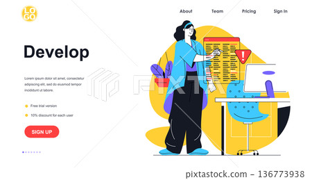 Develop software web banner concept. Woman programmer programming and coding website or application, working at computer, landing page template. Vector illustration with people scene in flat design Develop software web banner concept. Woman programmer programming and coding website or application, working at computer, landing page template. Vector illustration with people scene in flat design 136773938